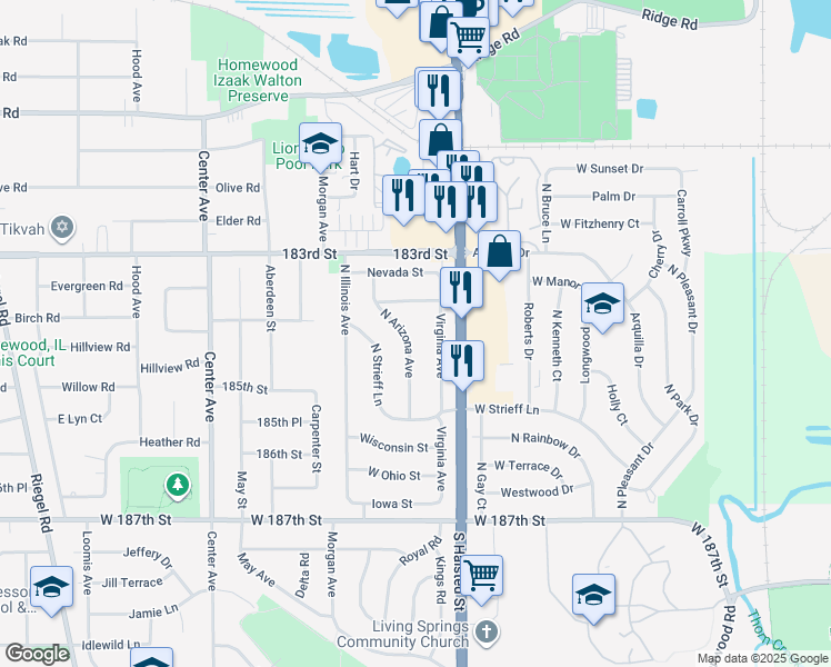 map of restaurants, bars, coffee shops, grocery stores, and more near 429 North Arizona Avenue in Glenwood