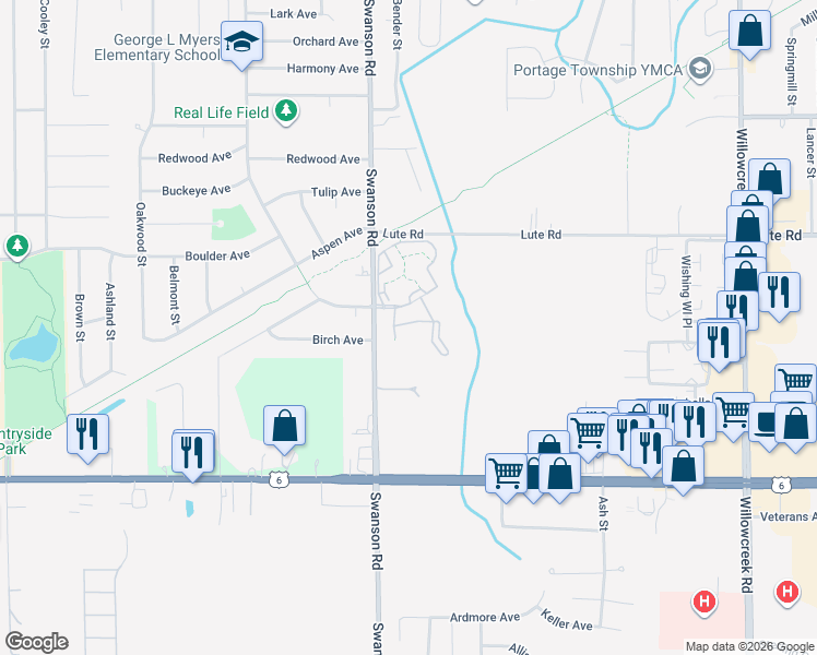 map of restaurants, bars, coffee shops, grocery stores, and more near 5671 Willowdale Lane in Portage