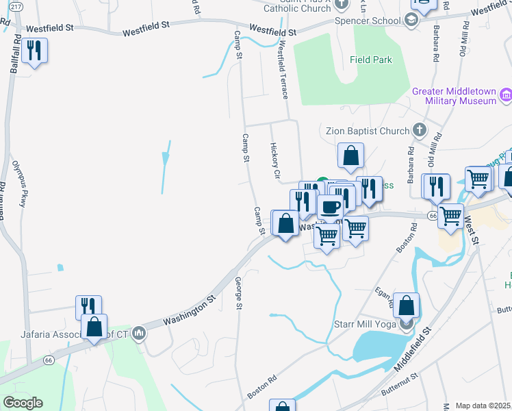 map of restaurants, bars, coffee shops, grocery stores, and more near 74 Camp Street in Middletown