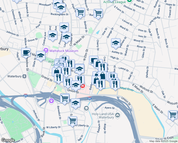 map of restaurants, bars, coffee shops, grocery stores, and more near 332 East Main Street in Waterbury