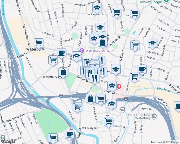 map of restaurants, bars, coffee shops, grocery stores, and more near 96 Bank Street in Waterbury
