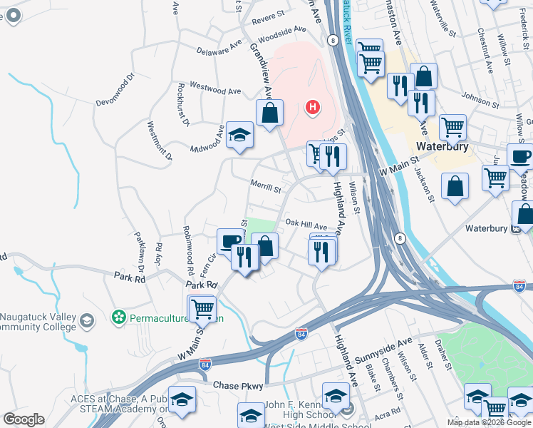 map of restaurants, bars, coffee shops, grocery stores, and more near 1157 West Main Street in Waterbury
