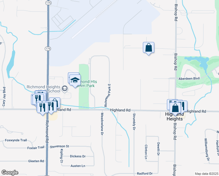 map of restaurants, bars, coffee shops, grocery stores, and more near 5323 Highland Road in Highland Heights