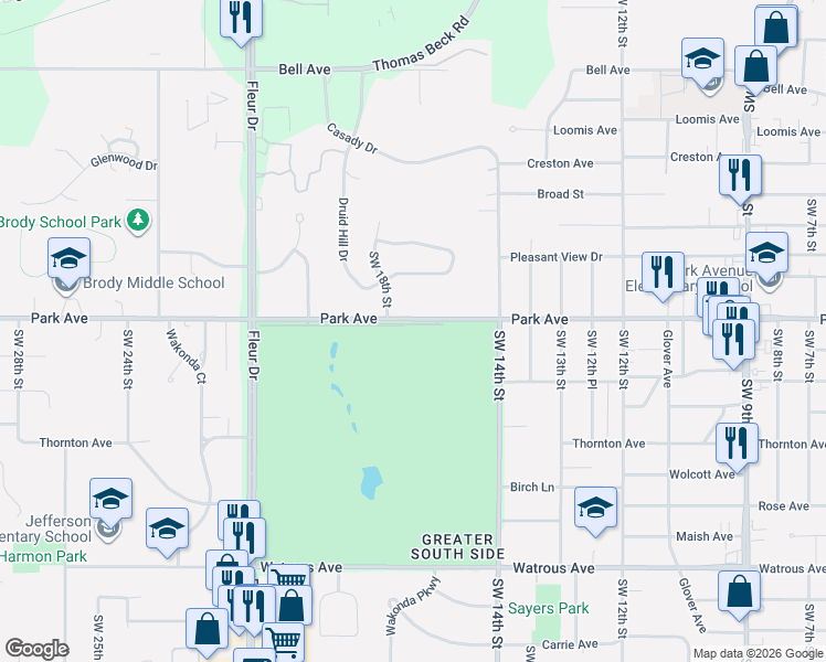 map of restaurants, bars, coffee shops, grocery stores, and more near 1630 Park Avenue in Des Moines
