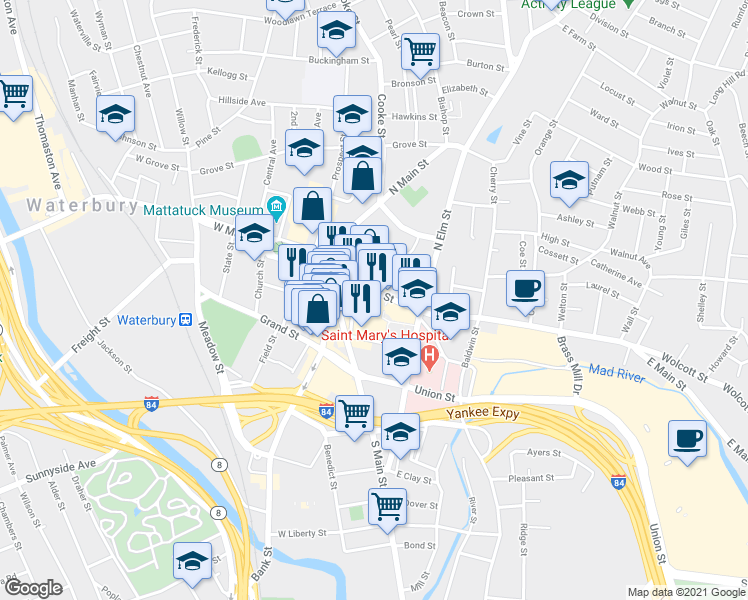 map of restaurants, bars, coffee shops, grocery stores, and more near 110 East Main Street in Waterbury