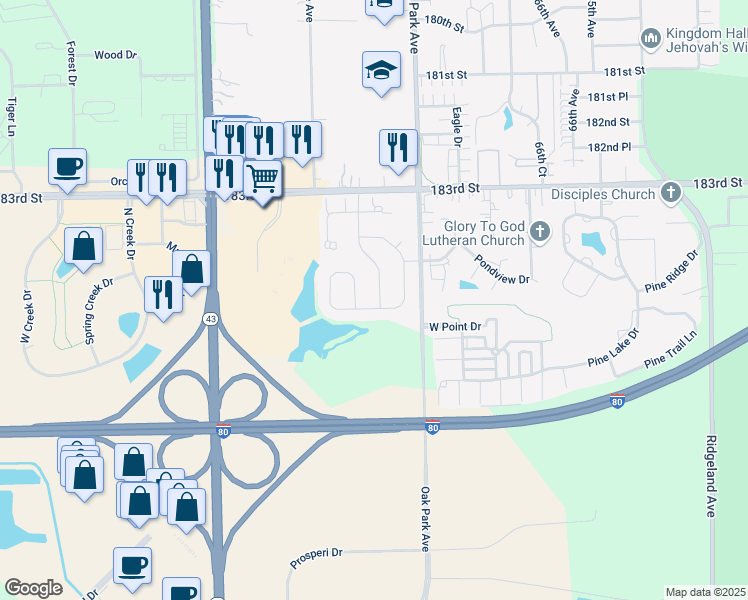 map of restaurants, bars, coffee shops, grocery stores, and more near 18508 Millennium Drive in Tinley Park