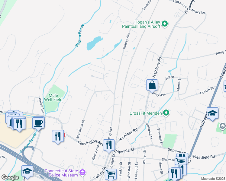 map of restaurants, bars, coffee shops, grocery stores, and more near 255 East Woodland Street in Meriden