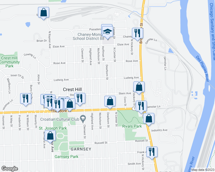 map of restaurants, bars, coffee shops, grocery stores, and more near 1710 Dearborn Street in Crest Hill
