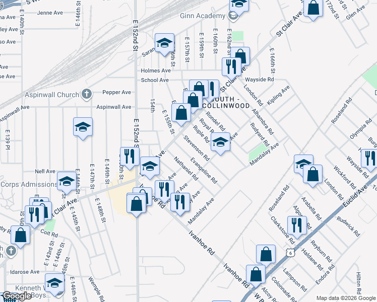 map of restaurants, bars, coffee shops, grocery stores, and more near 933 Nathaniel Road in Cleveland