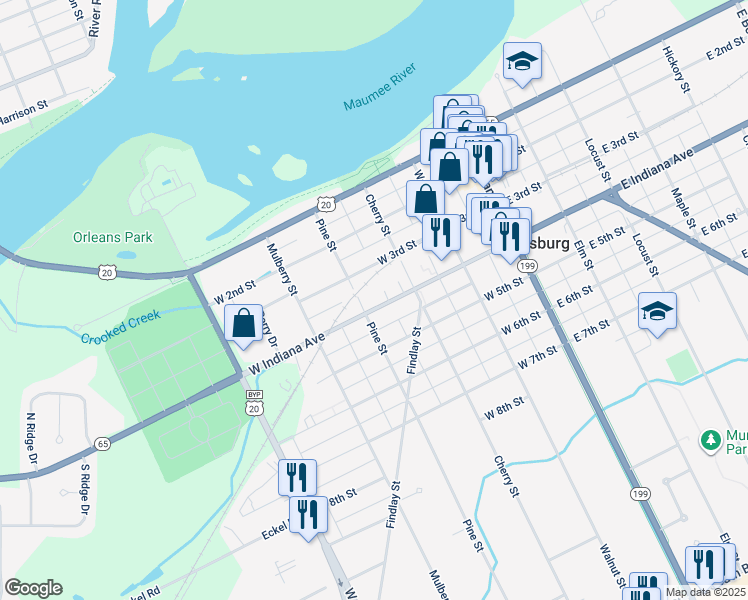 map of restaurants, bars, coffee shops, grocery stores, and more near 343 West Indiana Avenue in Perrysburg