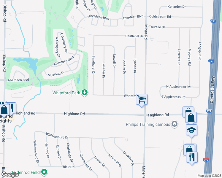 map of restaurants, bars, coffee shops, grocery stores, and more near 6013 Whiteford Drive in Highland Heights
