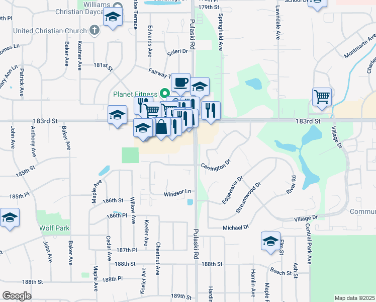 map of restaurants, bars, coffee shops, grocery stores, and more near 125 Williamsburg Road in Country Club Hills
