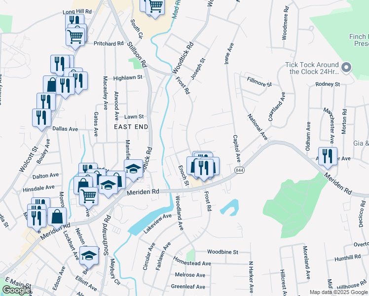 map of restaurants, bars, coffee shops, grocery stores, and more near 74 Enoch Street in Waterbury