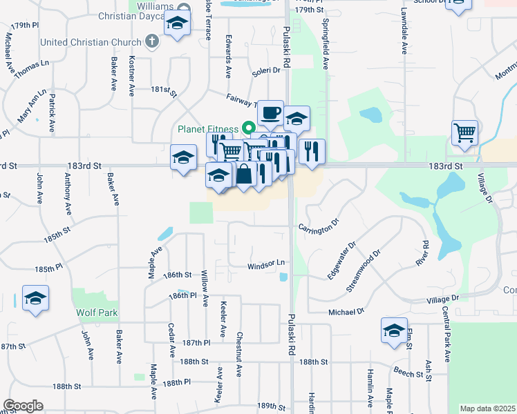 map of restaurants, bars, coffee shops, grocery stores, and more near 196 Williamsburg Road in Country Club Hills