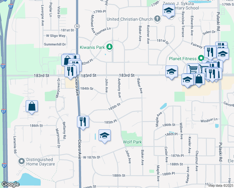 map of restaurants, bars, coffee shops, grocery stores, and more near 18400 Anthony Avenue in Country Club Hills