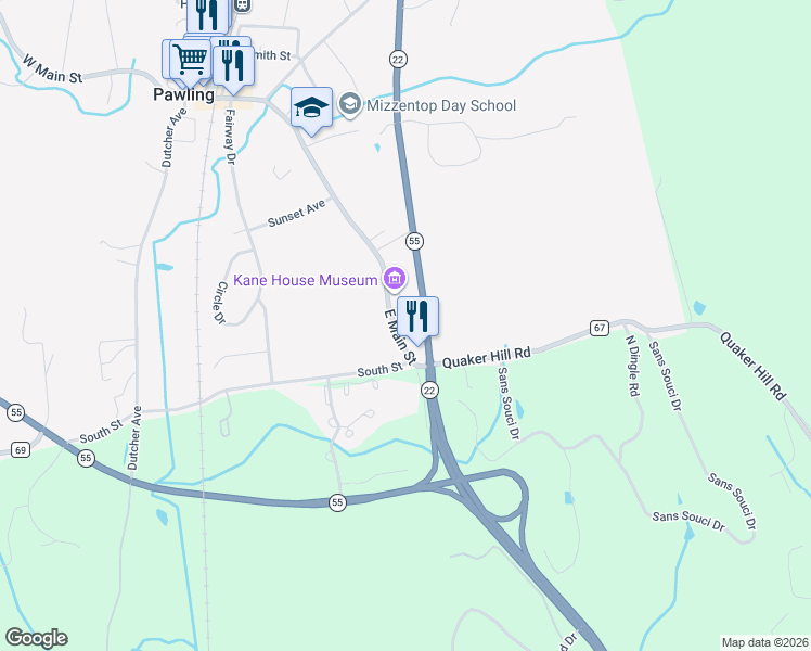 map of restaurants, bars, coffee shops, grocery stores, and more near 135 East Main Street in Pawling