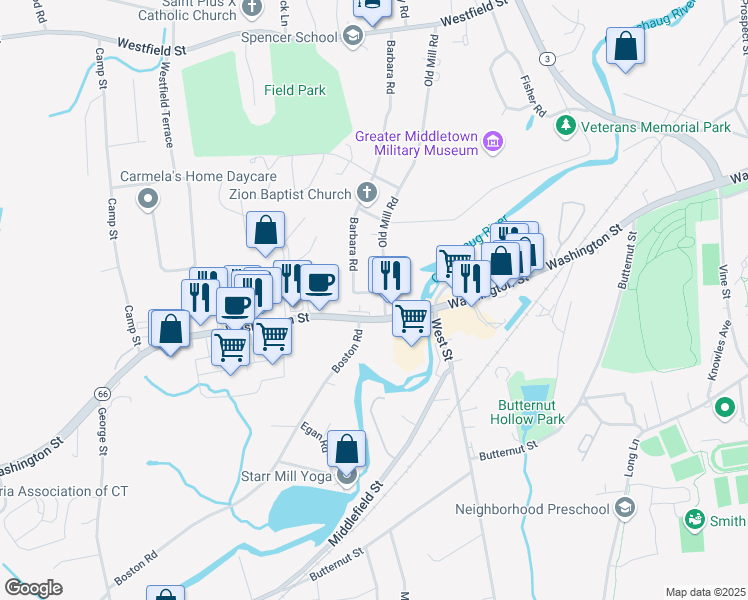 map of restaurants, bars, coffee shops, grocery stores, and more near 733 Washington Street in Middletown
