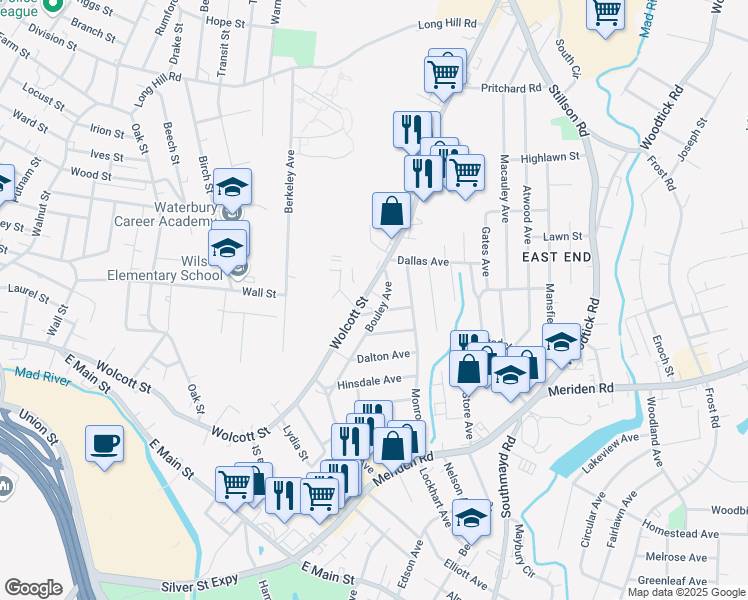 map of restaurants, bars, coffee shops, grocery stores, and more near 140 Bouley Avenue in Waterbury
