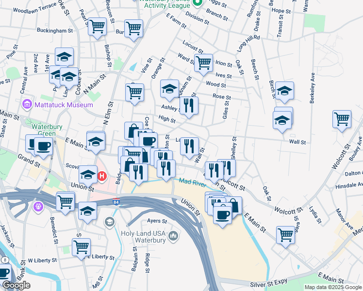 map of restaurants, bars, coffee shops, grocery stores, and more near 26 William Street in Waterbury