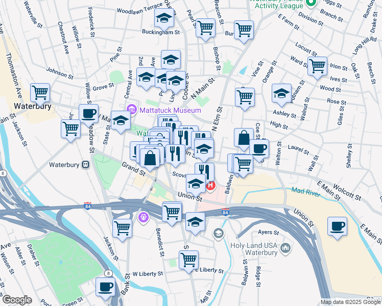 map of restaurants, bars, coffee shops, grocery stores, and more near 95 Scovill Street in Waterbury