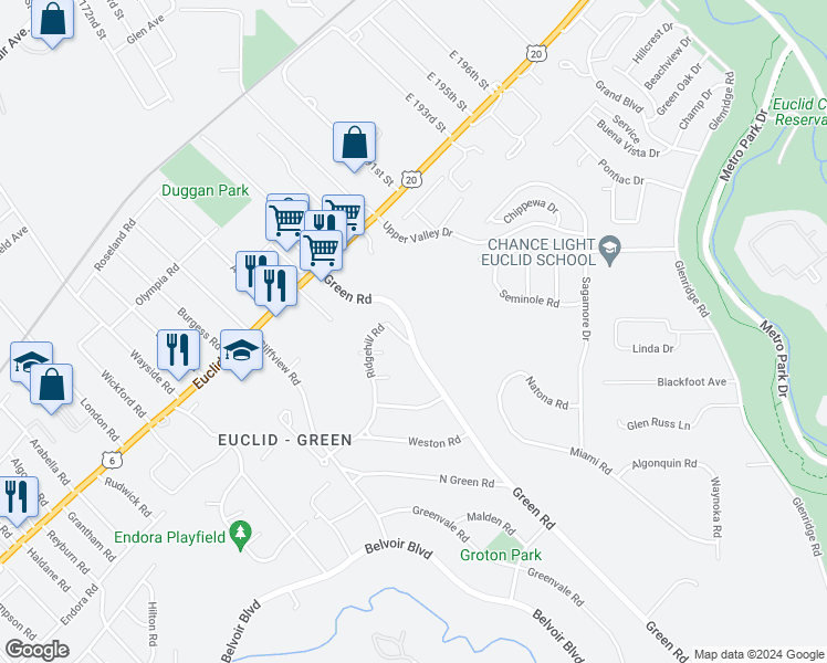 map of restaurants, bars, coffee shops, grocery stores, and more near in Cleveland
