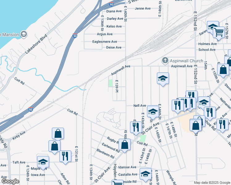 map of restaurants, bars, coffee shops, grocery stores, and more near 920 East 139th Street in Cleveland