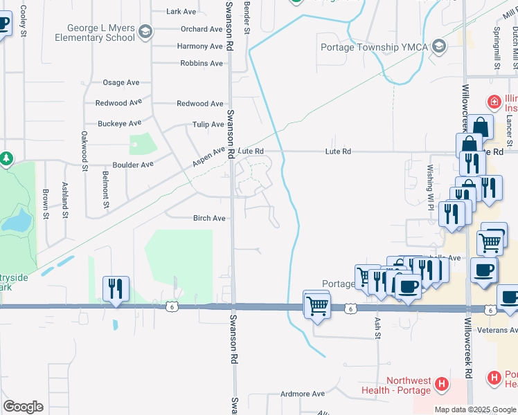 map of restaurants, bars, coffee shops, grocery stores, and more near 12 Willowdale Court in Portage