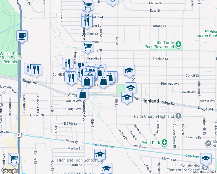 map of restaurants, bars, coffee shops, grocery stores, and more near 2549 Highway Avenue in Highland