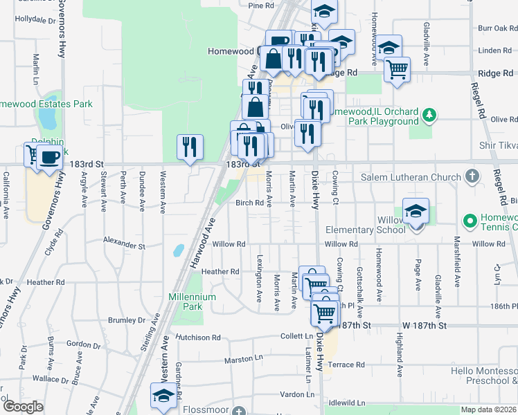 map of restaurants, bars, coffee shops, grocery stores, and more near 18347 Klimm Avenue in Homewood