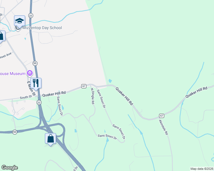 map of restaurants, bars, coffee shops, grocery stores, and more near 97 Quaker Hill Road in Pawling