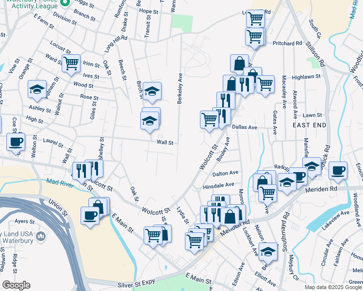 map of restaurants, bars, coffee shops, grocery stores, and more near 363 Berkeley Avenue in Waterbury