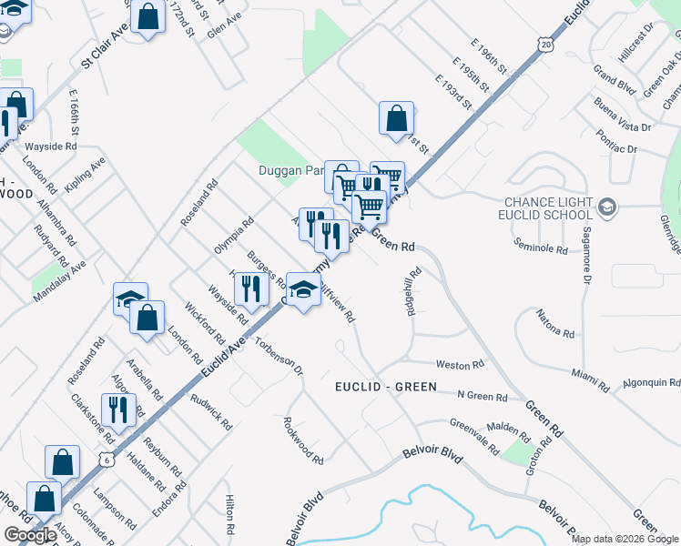 map of restaurants, bars, coffee shops, grocery stores, and more near 18140 Euclid Avenue in Cleveland