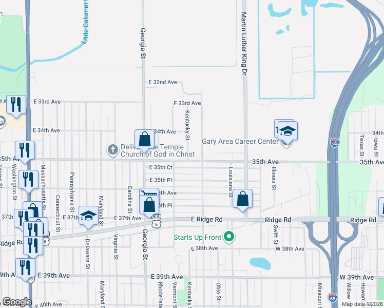 map of restaurants, bars, coffee shops, grocery stores, and more near 1072 East 35th Court in Gary