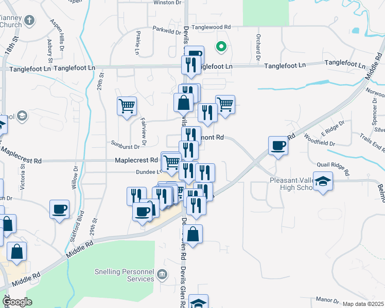 map of restaurants, bars, coffee shops, grocery stores, and more near 3131 Devils Glen Rd in Bettendorf