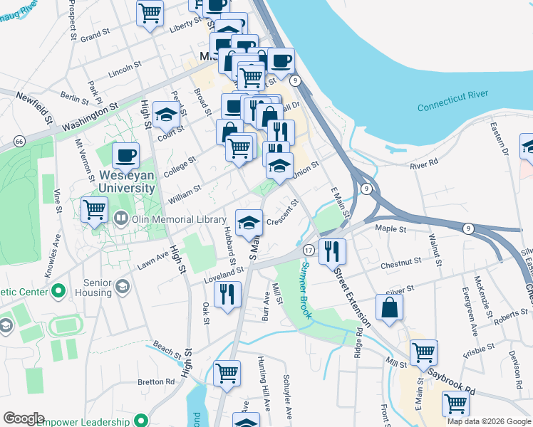 map of restaurants, bars, coffee shops, grocery stores, and more near 8 Crescent Street in Middletown