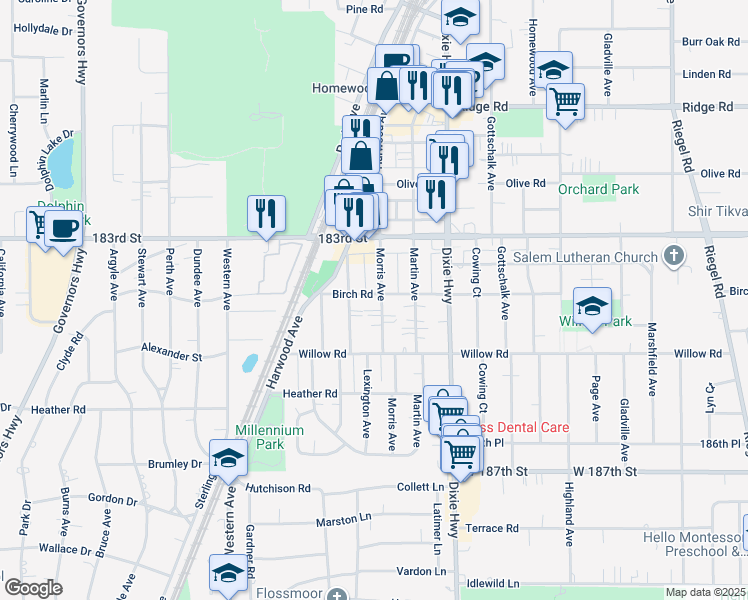 map of restaurants, bars, coffee shops, grocery stores, and more near 18408 Morris Avenue in Homewood