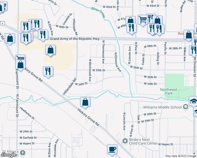 map of restaurants, bars, coffee shops, grocery stores, and more near 2723 W 35th St in Davenport