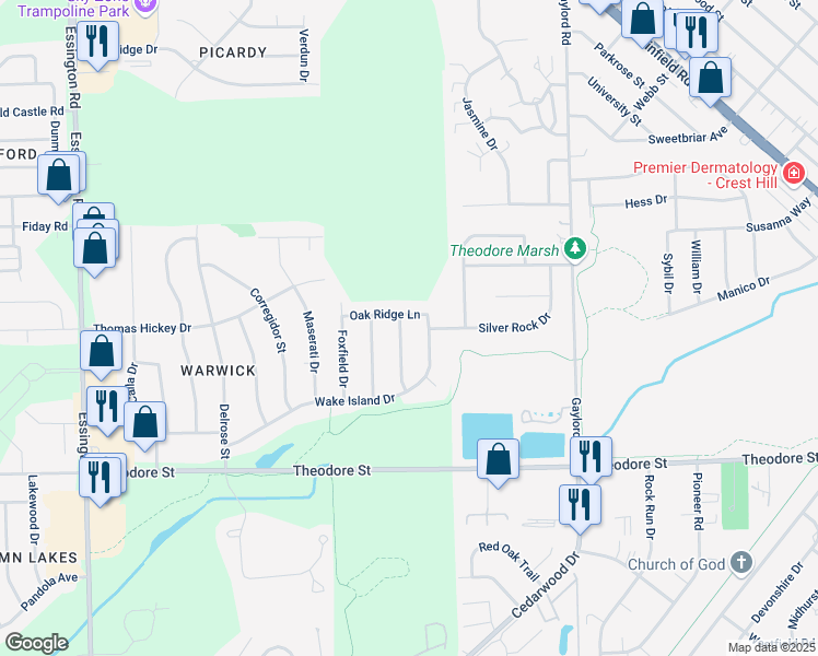 map of restaurants, bars, coffee shops, grocery stores, and more near 2617 Oak Ridge Lane in Joliet