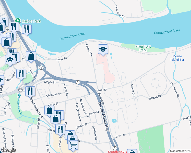 map of restaurants, bars, coffee shops, grocery stores, and more near 131 Eastern Drive in Middletown