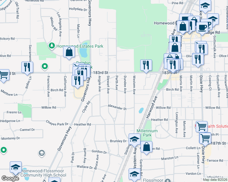 map of restaurants, bars, coffee shops, grocery stores, and more near 18343 Stewart Avenue in Homewood