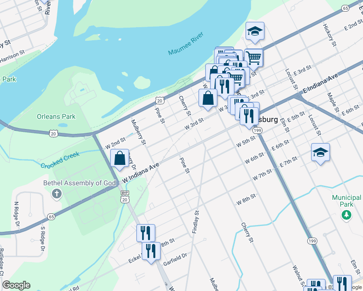 map of restaurants, bars, coffee shops, grocery stores, and more near 343 West Indiana Avenue in Perrysburg