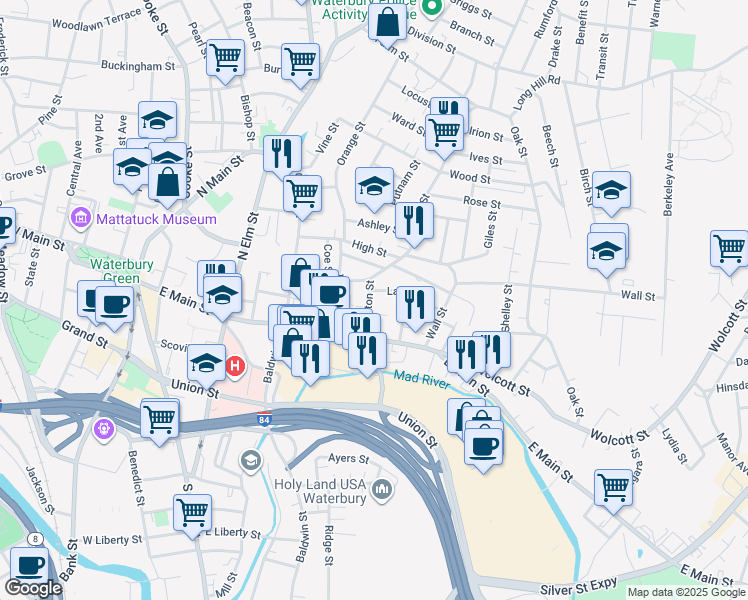 map of restaurants, bars, coffee shops, grocery stores, and more near in Waterbury