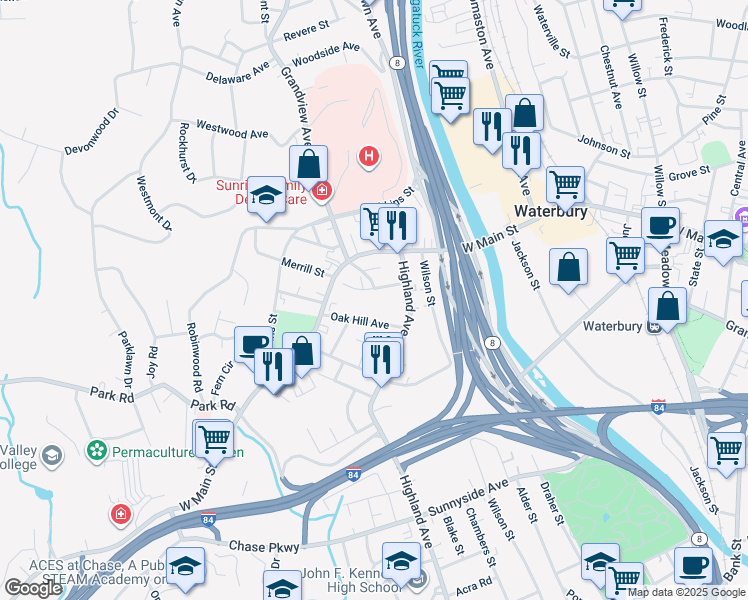 map of restaurants, bars, coffee shops, grocery stores, and more near 32 Starview Avenue in Waterbury