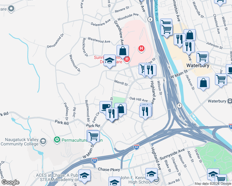 map of restaurants, bars, coffee shops, grocery stores, and more near 234 Robbins Street in Waterbury