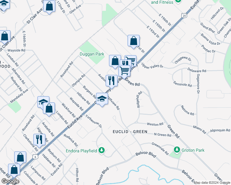 map of restaurants, bars, coffee shops, grocery stores, and more near 18220 Euclid Avenue in Cleveland