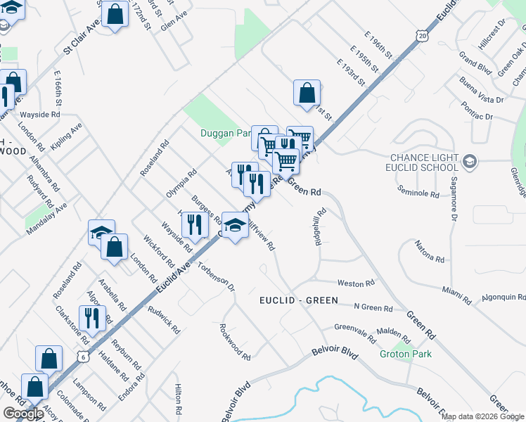 map of restaurants, bars, coffee shops, grocery stores, and more near 18140 Euclid Avenue in Cleveland