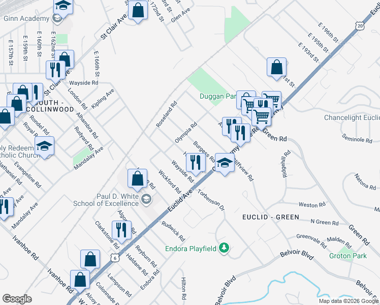 map of restaurants, bars, coffee shops, grocery stores, and more near 17918 Olympia Road in Cleveland