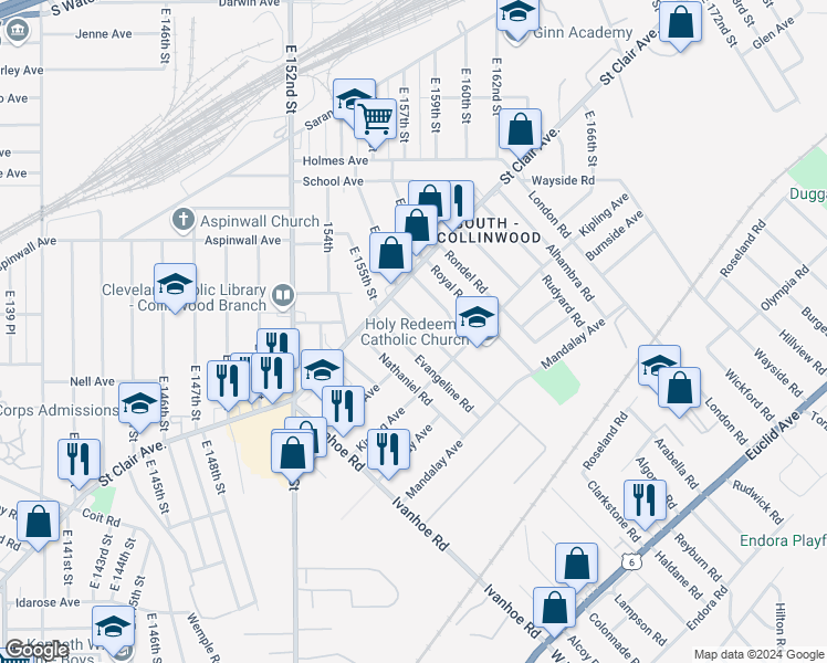 map of restaurants, bars, coffee shops, grocery stores, and more near 885 Evangeline Road in Cleveland