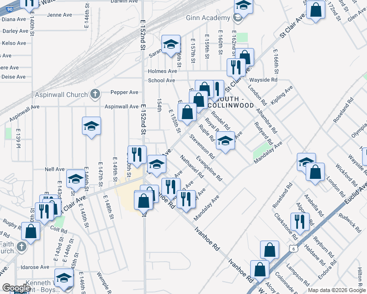 map of restaurants, bars, coffee shops, grocery stores, and more near 885 Evangeline Road in Cleveland