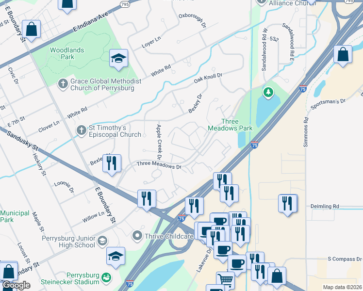 map of restaurants, bars, coffee shops, grocery stores, and more near 3 Exeter Road in Perrysburg